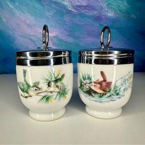 Royal Worcester Porcelain Egg Coddler Pair Birds Made in England Wren Finch Cups